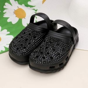 Black Bling Rhinestone Crystal Slip On Croclike Slides Rubber Clog Sandals